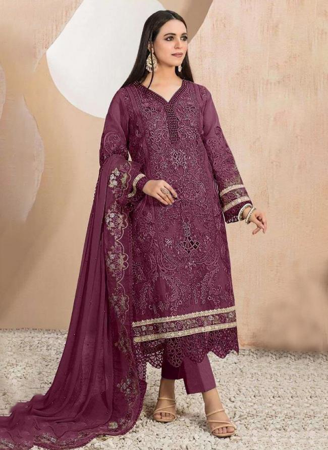 Organza Wine Eid Wear Embroidery Work Pakistani Suit